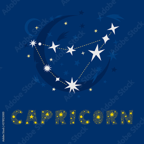 Hand drawn capricorn zodiac star constellation design. Abstract map of the night sky with blue background and decorative lettering. Vector isolated illustration for posters, prints, birthday cards. photo