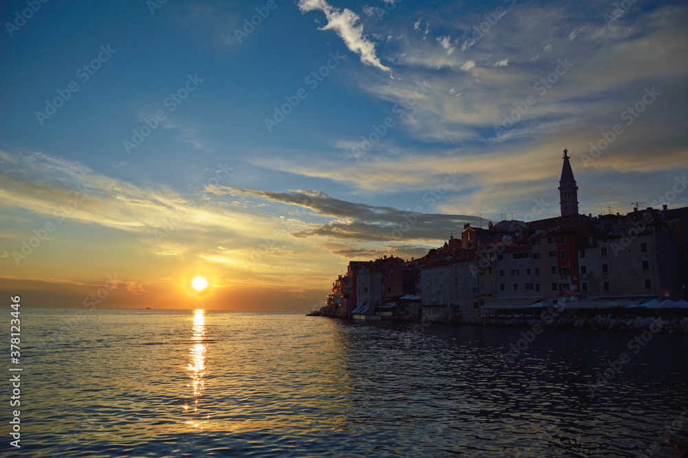 colorful sunset sky over the old town of Rovinj in Croatia