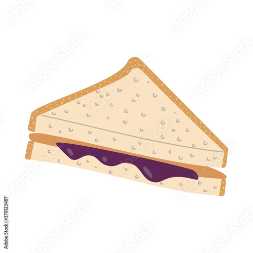 Peanut butter and jelly sandwich. Flat vector illustration of white bread with nut spread and raspberry jam.