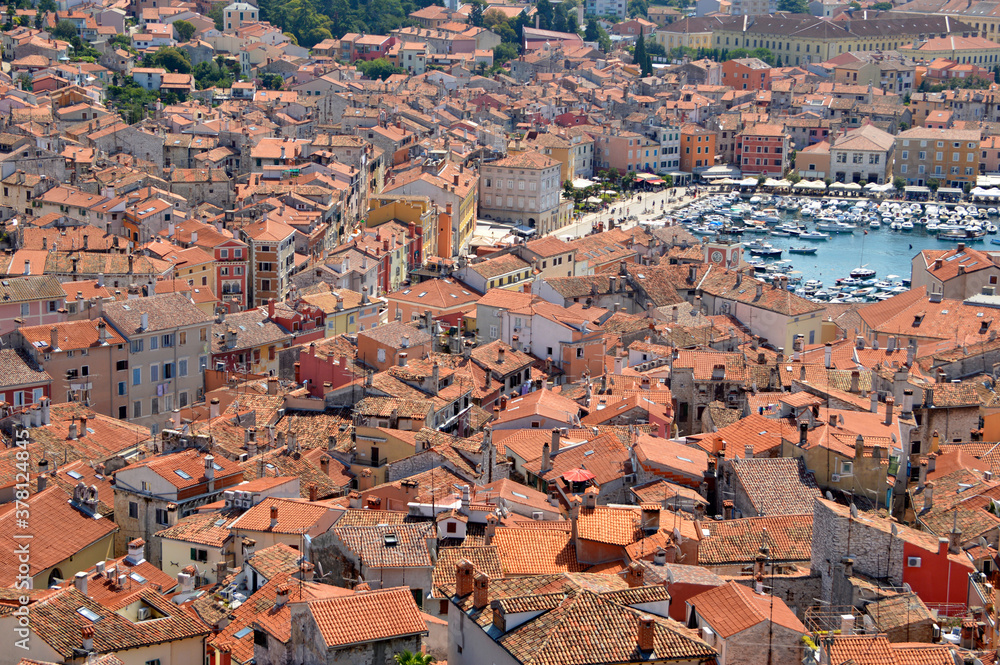 panoramic view of Rovinj Croatia old town seen from church tower