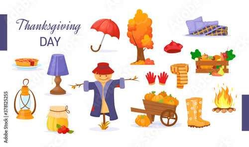 Set of cartoon elements of autumn. Tree with leaves, raincoat, warm clothes, book, kerosene lamp, rubber boots, scarecrow, wooden pumpkin cart vector. Harvest time autumn greeting card vector.