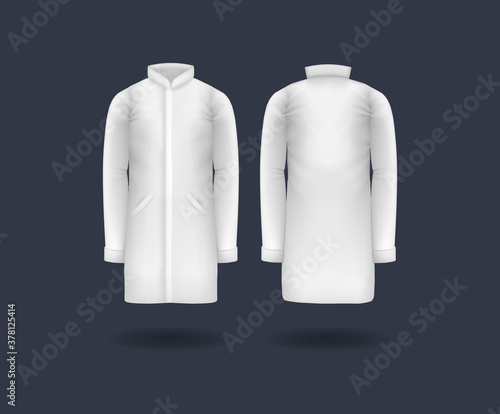 Realistic doctor coat mock up. White male medical gown, lab uniform, doctor medical laboratory clothes, hospital professional suit, on transparent background isolated vector