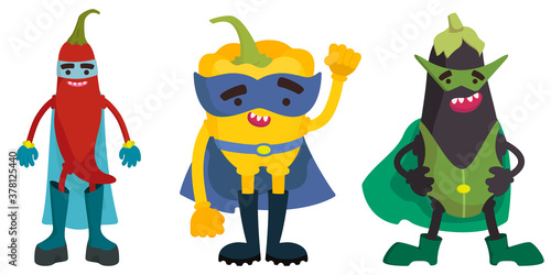 Set of superhero vegetables. Chilli, bell pepper and eggplant in cartoon style.