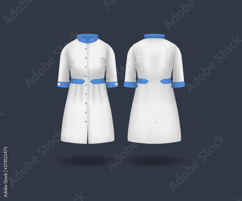 Realistic doctor coat mock up. Women's medical gown, lab uniform, doctor medical laboratory clothes, hospital professional suit on transparent background isolated vector