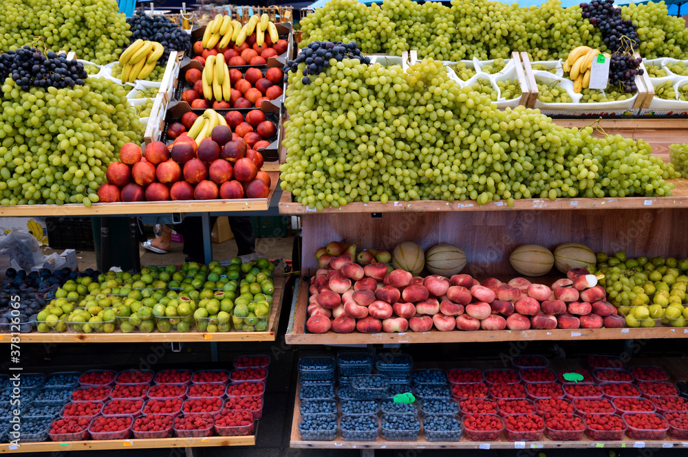 various ripe fruits at market stall, Rovinj, Croatia