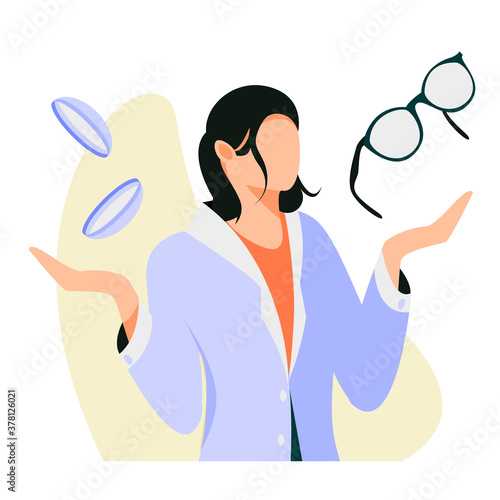 Isolated on white female doctor chooses between lenses and glasses vector illustration. Ophthalmology design element. Medical optical banner in flat cartoon style.
