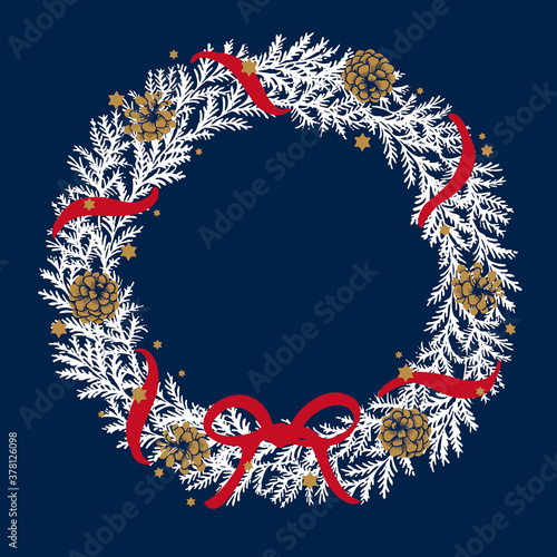 ベーシックなクリスマスリースの線描きイラスト/ブルー