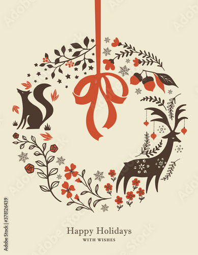 北欧風クリスマスリースのイラスト/ベージュ
