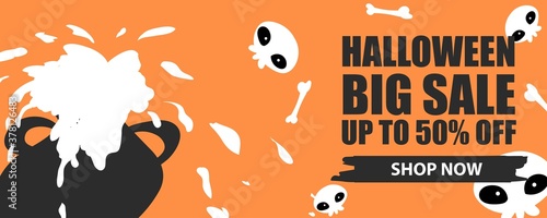 Halloween Sale Banner. Halloween vector illustration with skulls and monsters. Vector halloween theme for your store sales promo.