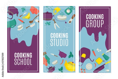 Kitchen utensils and cooking banners set, vector illustration. Food and recipe kitchenware utensils, spices on table worktop. Apron, kettle, spoon, knife and cook equipment for kitchen.