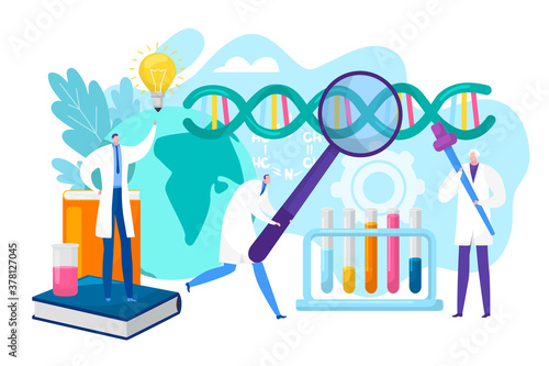 Laboratory research concept, vector illustration. Science, chemistry, biology, pharmacy and scientists researchers with pipette and flask making test in clinical laboratory. Dna formula researching.