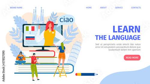 Learn language landing web page design template for distance education, online courses, e-learning, tutorial vector illustration. Website for italian, foreign language. Ciao, teacher, students.