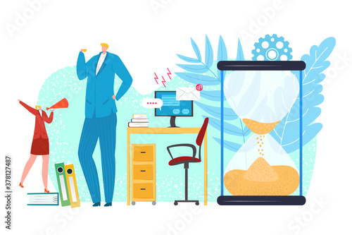Procrastination concept, businessman procrastinating work in office, vector illustration. Time procrastinated on sandglass. Business time management. Lazy manager and work task deadline.