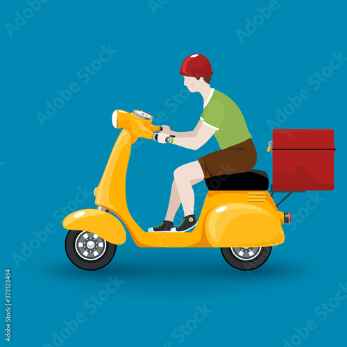 Young guy rides a scooter  orange vintage scooter with box for food delivery isolated on blue background  online delivery service and stay home concept  vector illustration