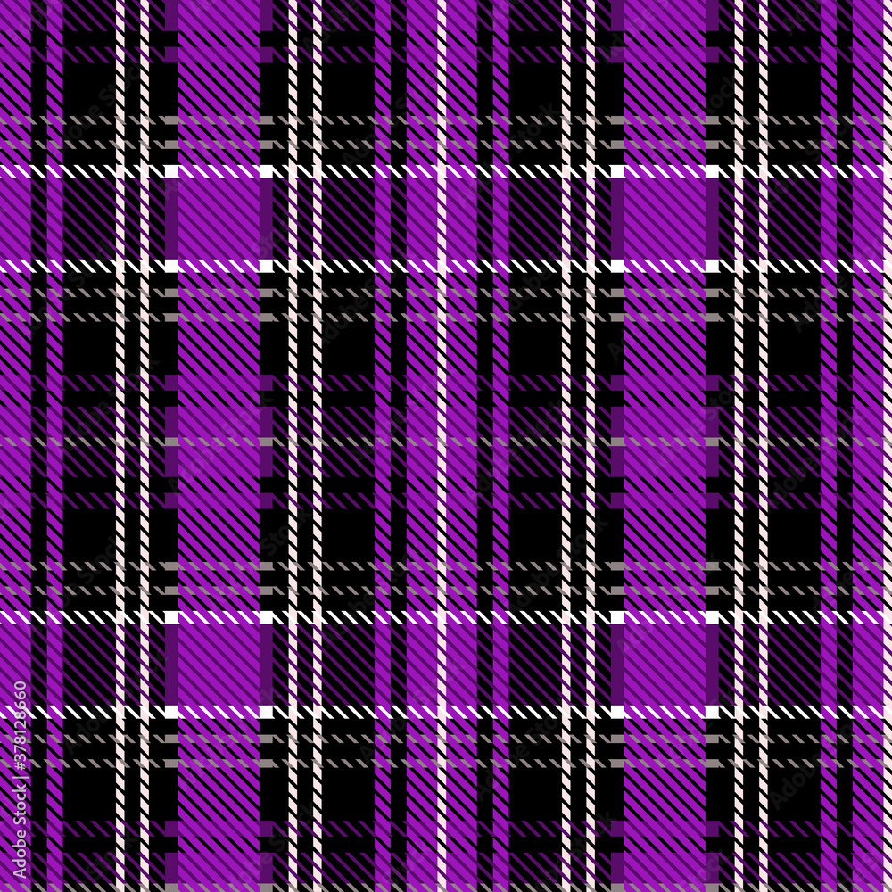 Cute punk purple plaid vector seamless pattern. Checkered scottish flannel  print for celtic home decor. For highland tweed trendy graphic design.  Tiled rustic houndstooth grid. Stock Vector