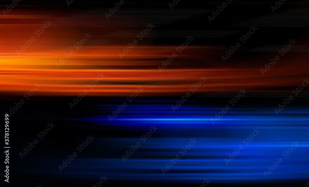 Abstract background blurred blue red orange rays light on black with the gradient texture lines effect motion design pattern graphic.