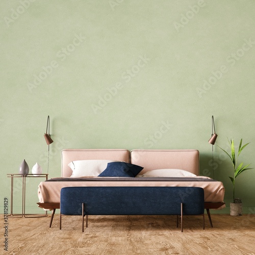 Bedroom with Wooden Flooring and Modern Cozy Bed Art Print Interior Mockup