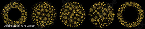 Golden snowflakes circles. Christmas snow frame, round snowflake particles with free space for text and winter holiday snowy circle background vector set