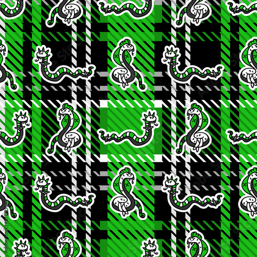 Cute punk snake on plaid background vector pattern. Grungy alternative checkered home decor with cartoon animal. Seamless rocker attitude all over print.  photo