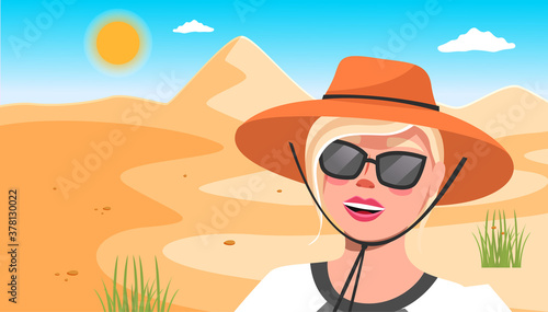 Young happy woman in hat, sunglasses against the background of a sand dune in the desert sunny day. Girl in the desert hot weather, tourist trip to a hot country . Cartoon style illustration