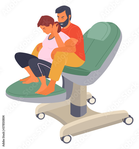 Pregnancy preparing, wife and husband make a position check on a medical chair. Exercising for pregnant woman, giving birth position or pose. Female character waiting for childbirth with caring man