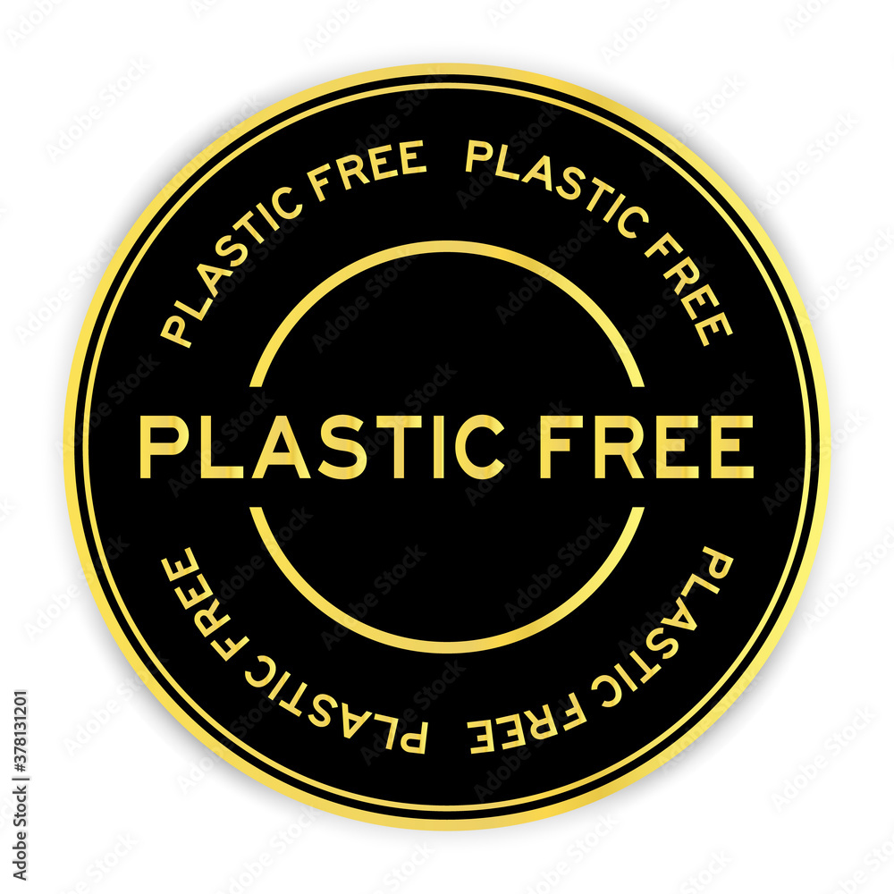 Black and gold color round sticker with word plastic free on white background