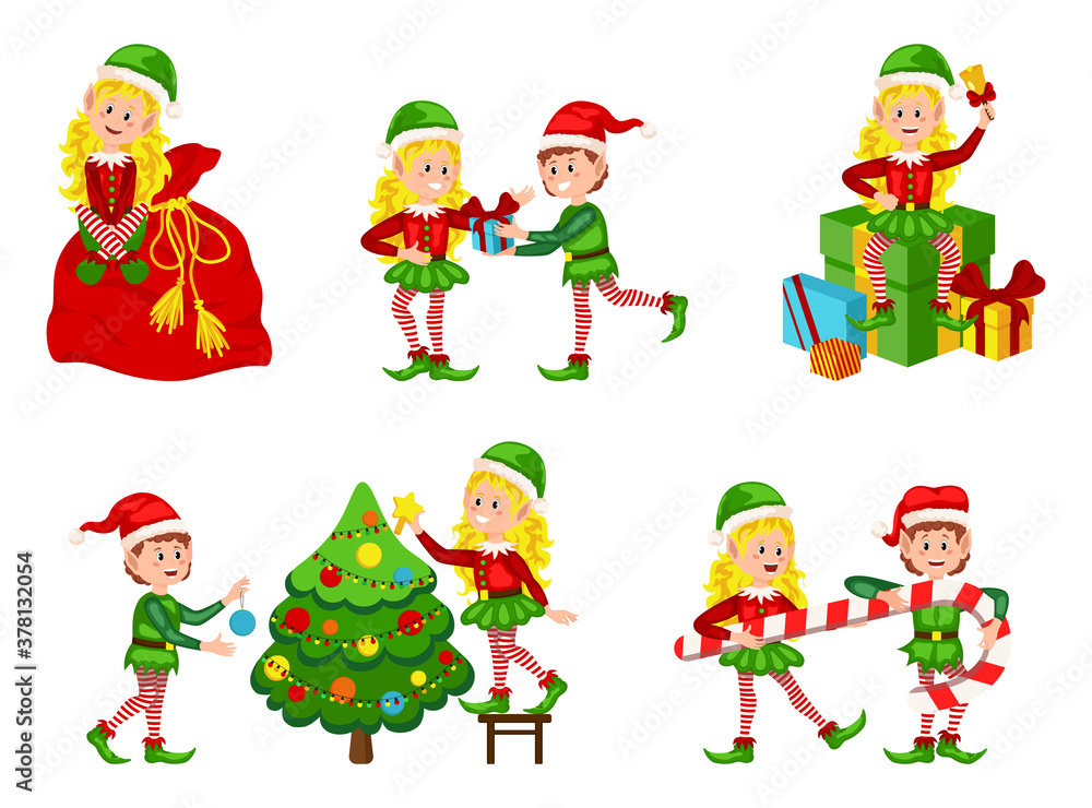 Set of cute playful Christmas elves. Collection of cute Santa Claus helpers. Bundle of little Santa's helpers holding holiday gifts and decorations. Set of cute playful Christmas elves. Collection of cute Santa Claus helpers. Bundle of little Santa's helpers holding holiday gifts and decorations.