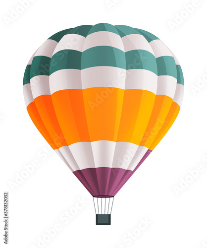 Hot air balloon isolated on white background vector illustration. Aircraft hot air ballon used to fly gas. Consists of gas burner, a shell and a basket for carrying passengers. Romantic flight travel