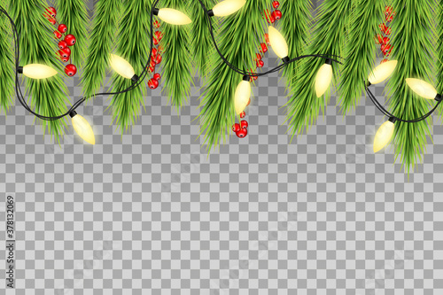 Christmas tree top border decoration with red holly berries and fairy lights. Neon Lights on Transparent Background.