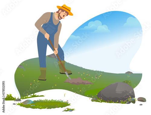 Man with shovel digging a hole illustration. Man digs a hole in the ground for planting trees. A worker holding a shovel. Farmer works in the field, digs up the crop. Autumn harvest, farm work