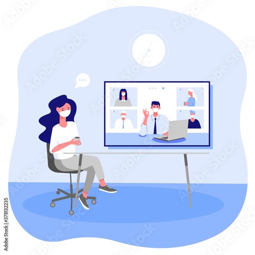Woman wearing a mask work at home teleconference through big digital screen for a business meeting with a group of five co-workers. Flat design.