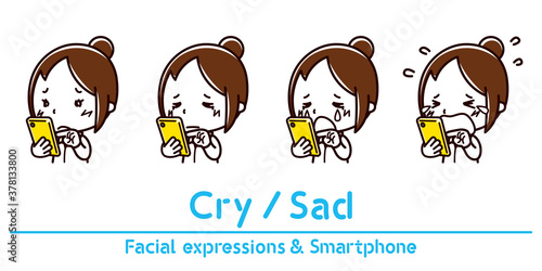 スマホを持った女性の表情のイラスト/泣く/悲しい