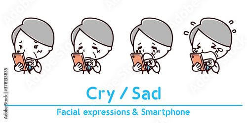 スマホを持った女性の表情のイラスト/泣く/悲しい