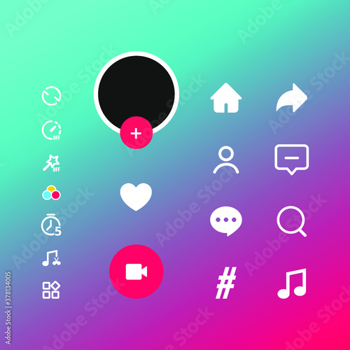 Social media templates modern design buttons web application. Set icons: search, story, like, share, hashtag, user, comment, note, home, plus. Vector illustration. 