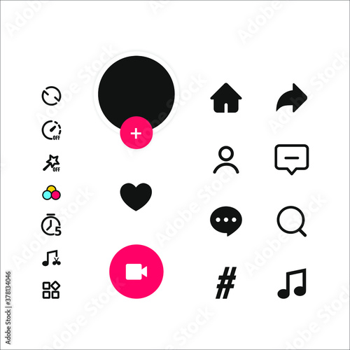 Social media templates modern design buttons web application. Set icons: search, story, like, share, hashtag, user, comment, note, home, plus. Vector illustration. 