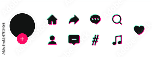 Social media templates modern design buttons web application. Set icons: search, story, like, share, hashtag, user, comment, note, home, plus. Vector illustration. 