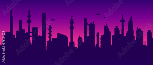 Seamless cyberpunk cityscape silhouette