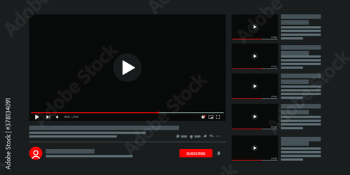 Template video player. Social media content. Desktop interface dark version, ui. Vector illustration.  photo