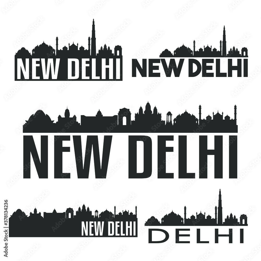 New Delhi India Flat Icon Skyline Vector Silhouette Design Set.