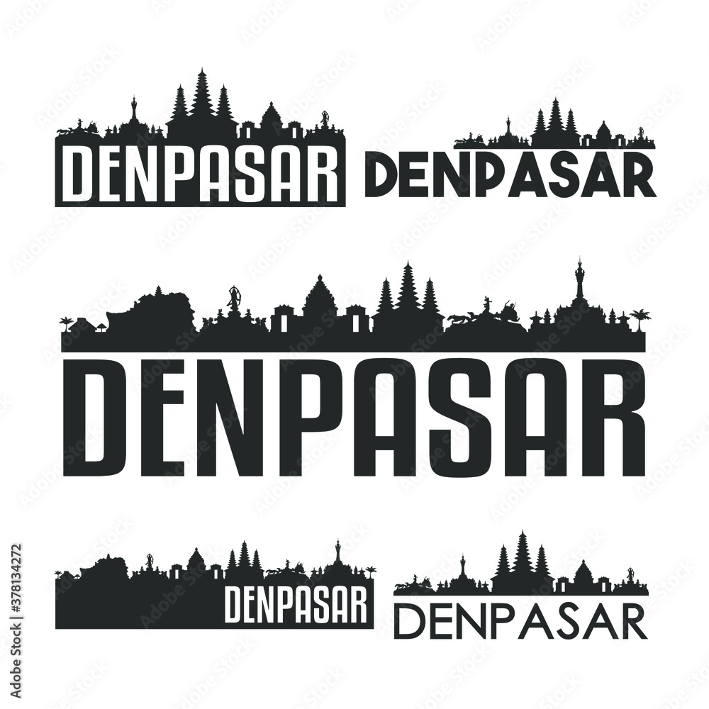 Denpasar Indonesia Flat Icon Skyline Vector Silhouette Design Set.