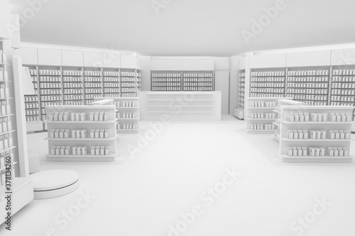 3D Illustration Rendering. Clean Pharmacy views on white backgorund for presentation and mockup blueprints. Architectural visualization of Modern interior design store.