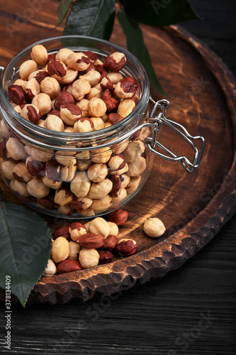 Hazelnut kernels as detailed close up shot, selective focus