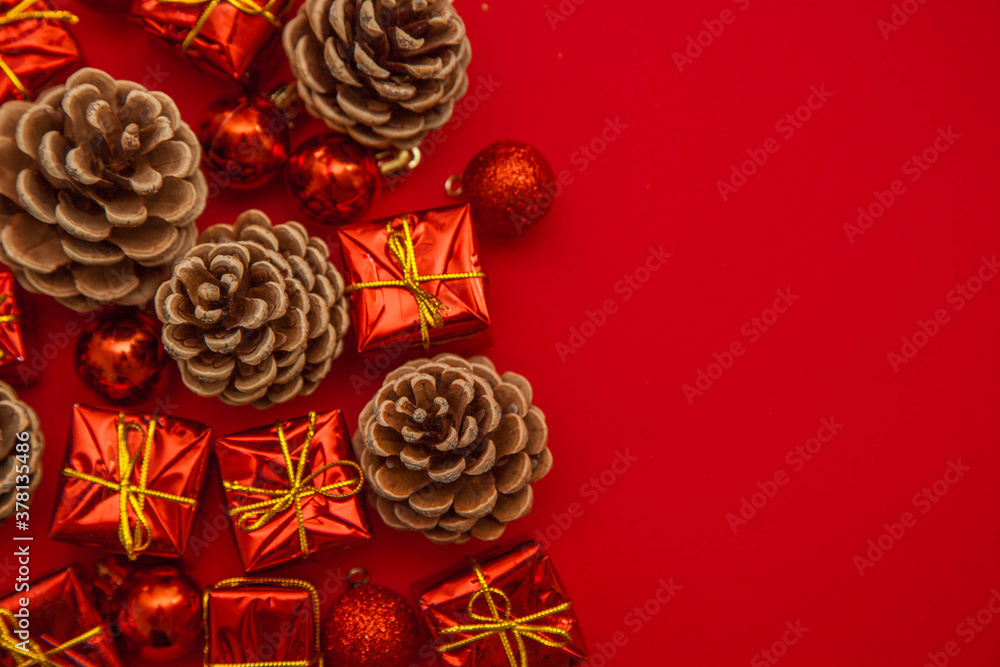 custom made wallpaper toronto digitalChristmas composition with Christmas decorations top view on a red background and there is space for text.