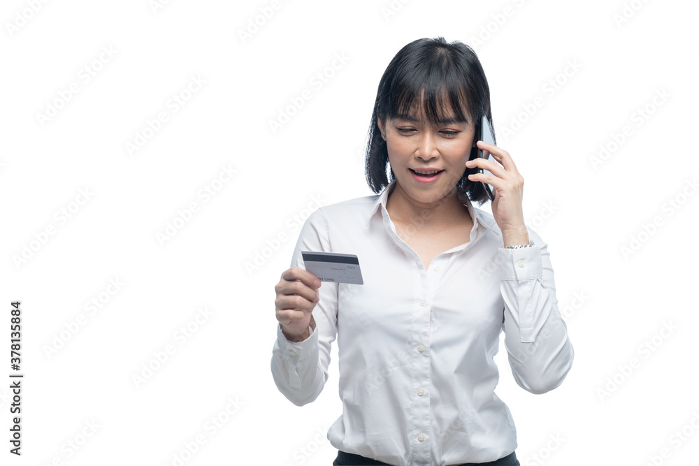 Working woman using credit card on smartphone