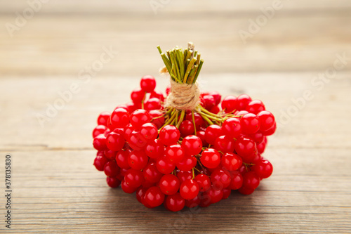 Red berries of viburnum on grey wooden background photo