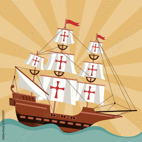 happy columbus day celebration with ship and ocean scene