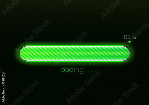 Modern green progress loading bar 100% vector illustration, technology concept