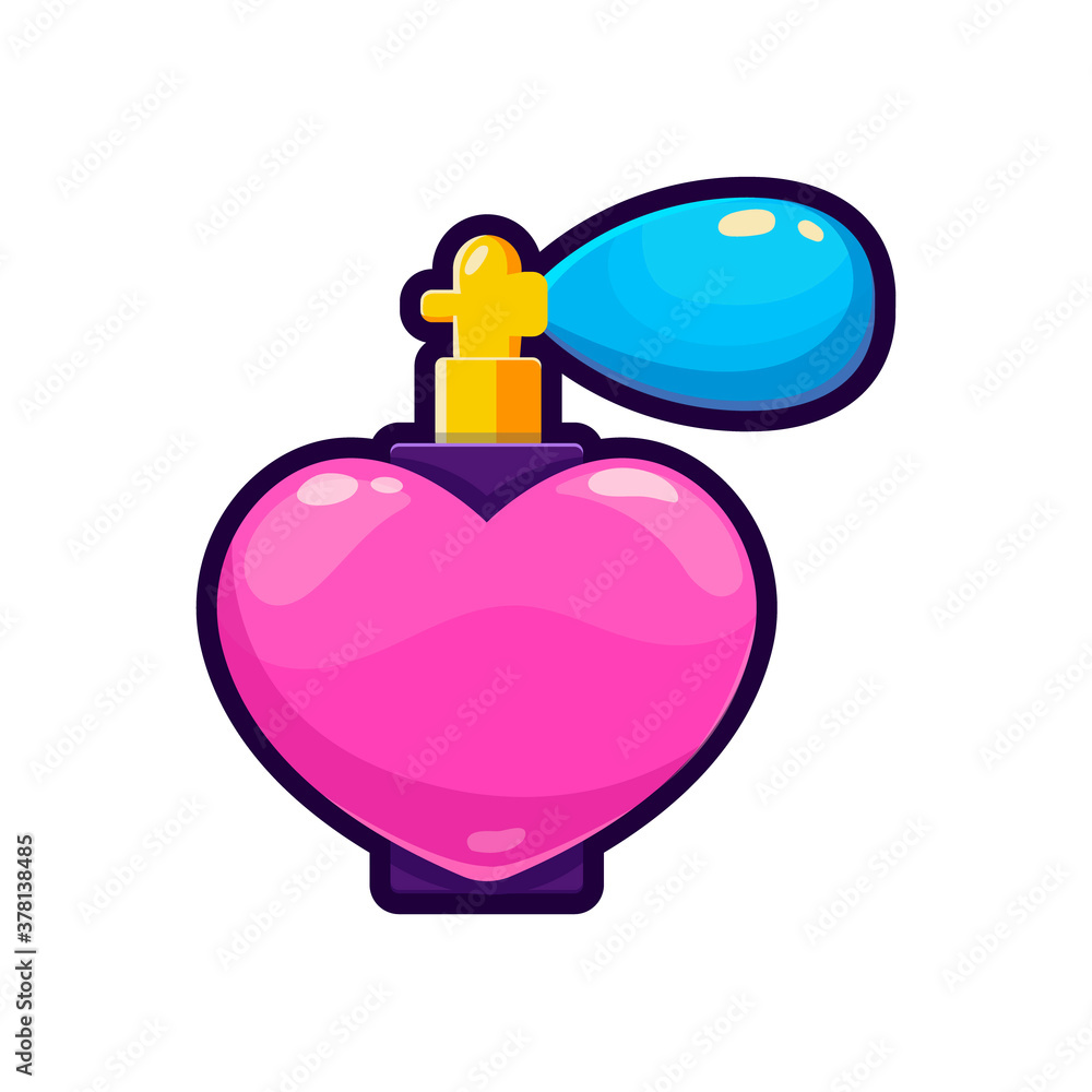 Heart shaped Perfume Bottle. Vector isolated illustration in cartoon style. Perfumes package with Spray pump Heart shaped Perfume Bottle. Vector isolated illustration in cartoon style. Perfumes package with Spray pump