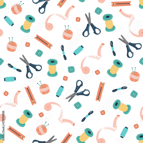 Seamless pattern with sewing tools, hand drawn icons. Fashion illustration with sketch objects set, profession clothier. Wrapping paper or fabric.