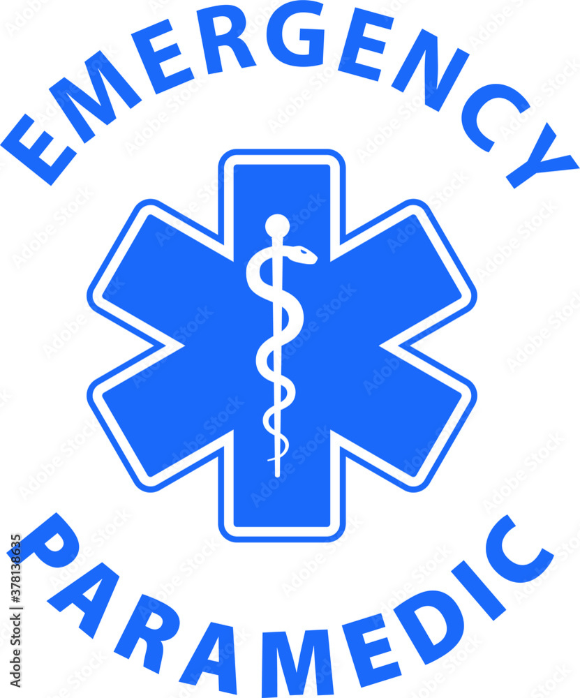 EMT Emergency Paramedic text and Star of Life symbol blue icon isolated on white background. EMT Emergency Paramedic text and Star of Life symbol blue icon isolated on white background.